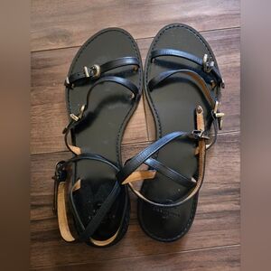 Sézane Black Leather Strappy Sandals with Metal Buckles